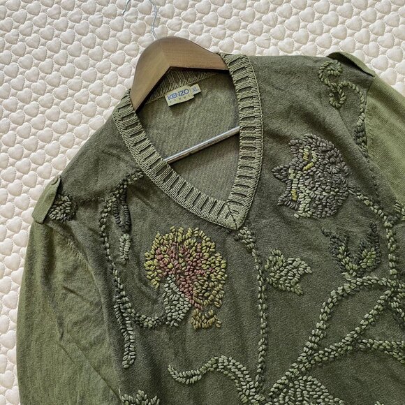 NWOT Kenzo men's Embroidered linen blend sweater Size XL Green - Picture 2 of 13